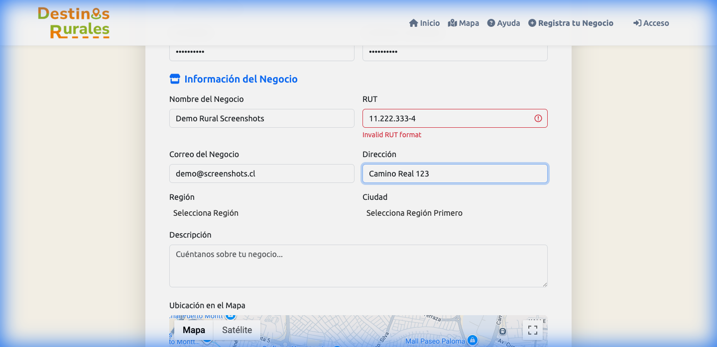 Captura de pantalla registro de negocio